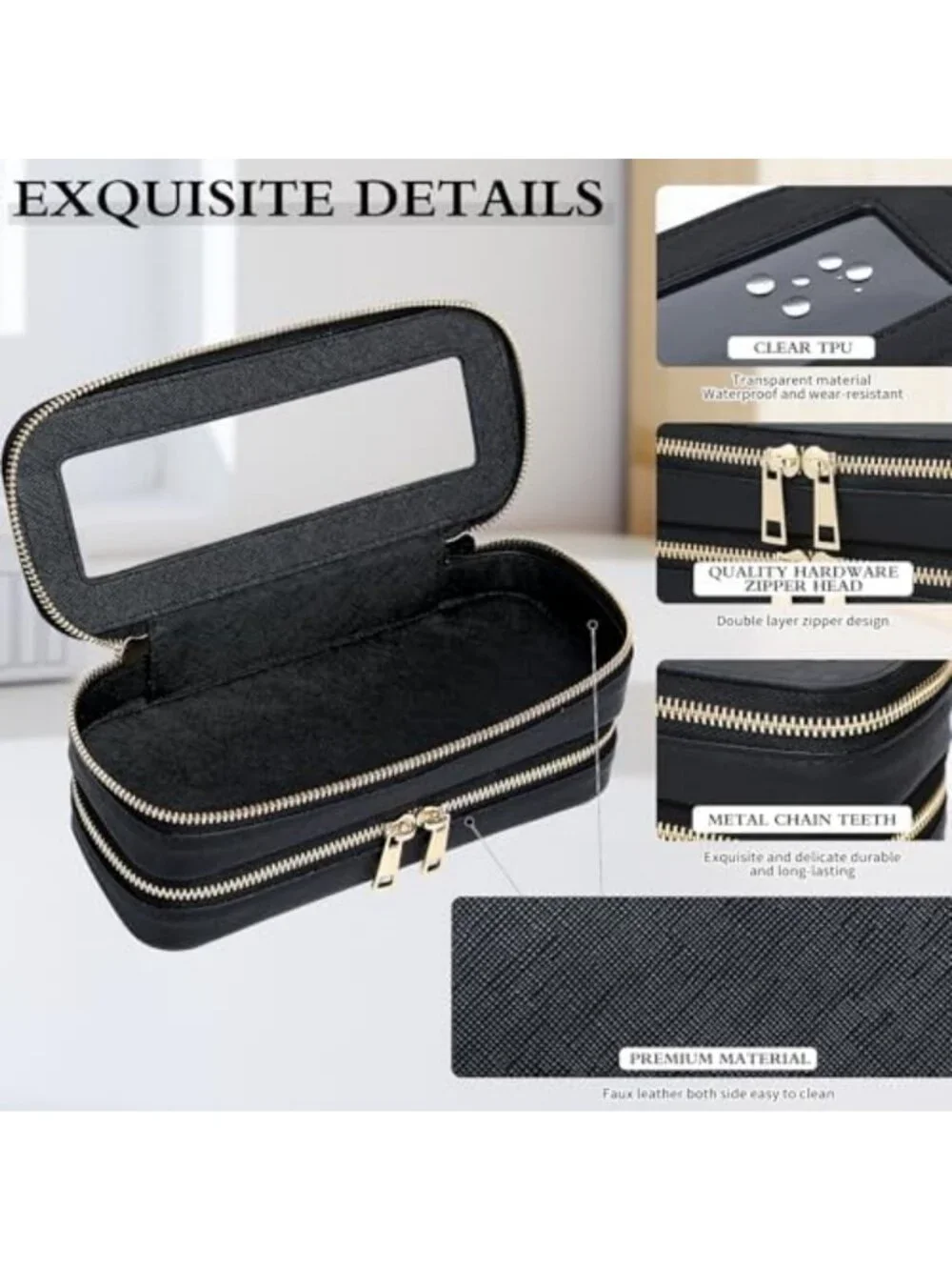 Stylish Double Layer Makeup Bag - Slim Design, Black, Perfect for Travel